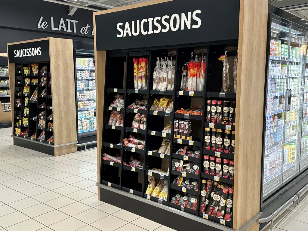Mobilier saucissons au Leclerc de Kingersheim